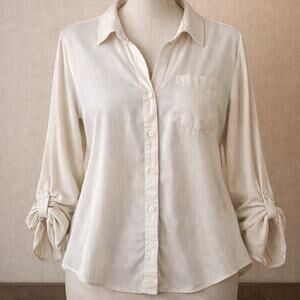 Women’s Shirt Daisy Fuentes XL Collared Blouse Roll Tab Sleeve Tan Cream